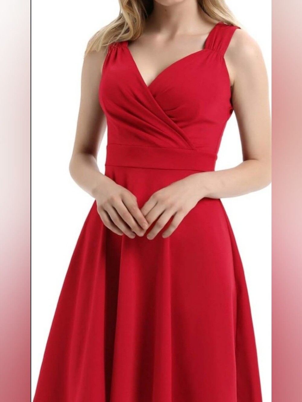 Grace Karin Red V-Neck Sleeveless Wrap Pleated Fit & Flare Dress M